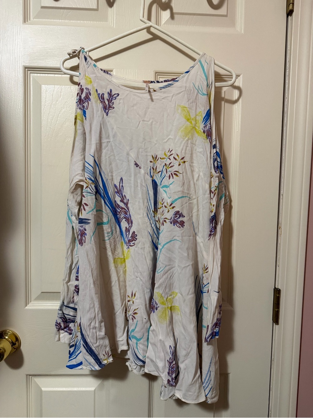 Free People White Floral Cold-Shoulder Tunic with Yellow & Blue Accents